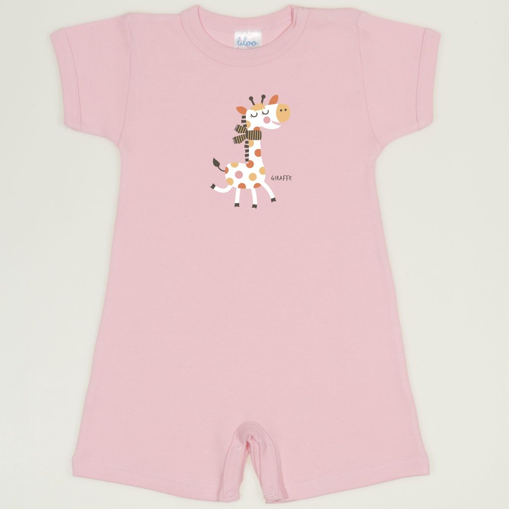 Orchid pink romper (short sleeve & pants) with giraffe print | liloo