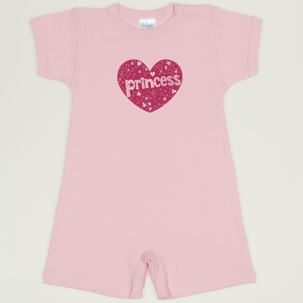 Orchid pink romper (short sleeve & pants) with princess print | liloo