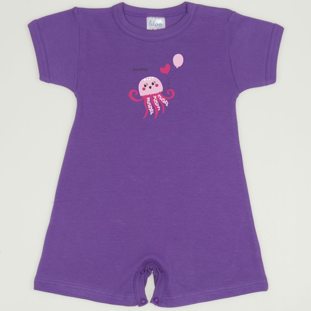 Purple deep lavender romper (short sleeve & pants) with sea nettle print | liloo