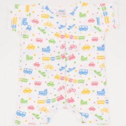 White romper (short sleeve & pants) with transport toys print - center-snap