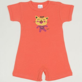 Salmon living coral romper (short sleeve & pants) with cool cat print | liloo