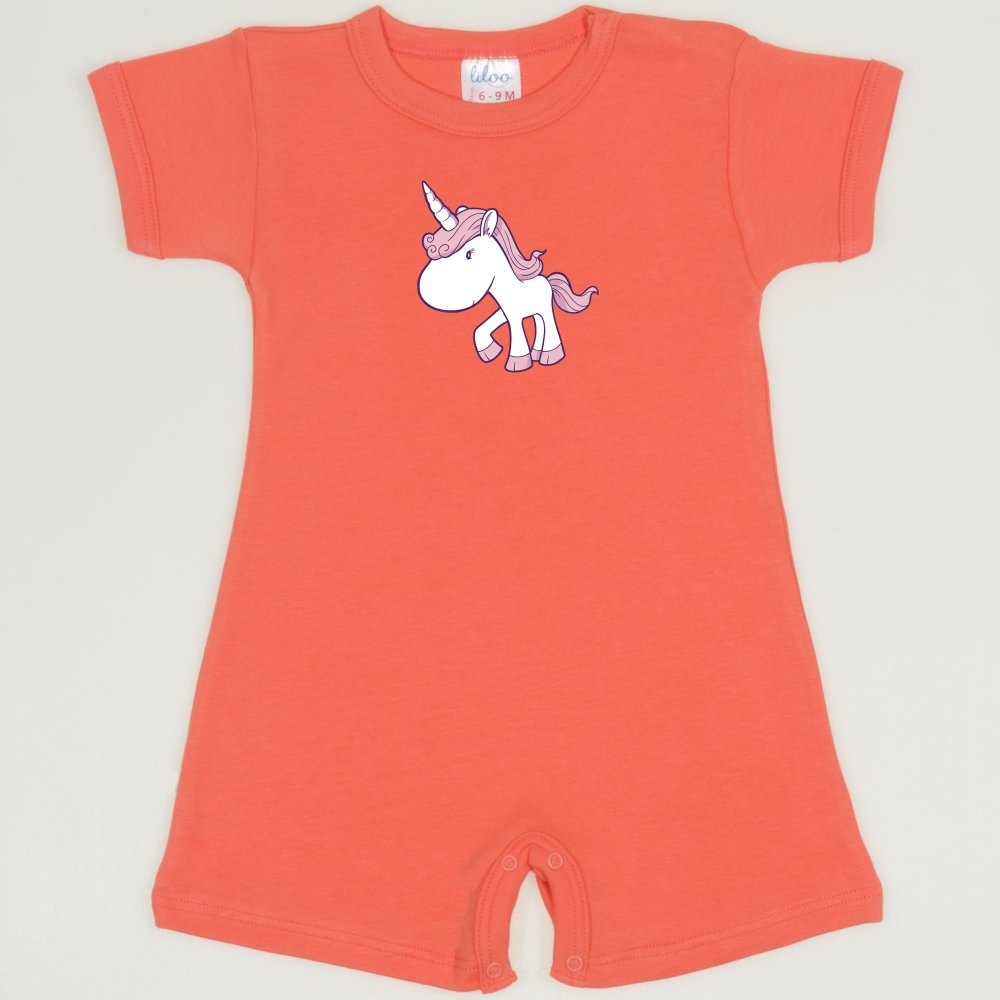 Salmon living coral romper (short sleeve & pants) with unicorn print | liloo