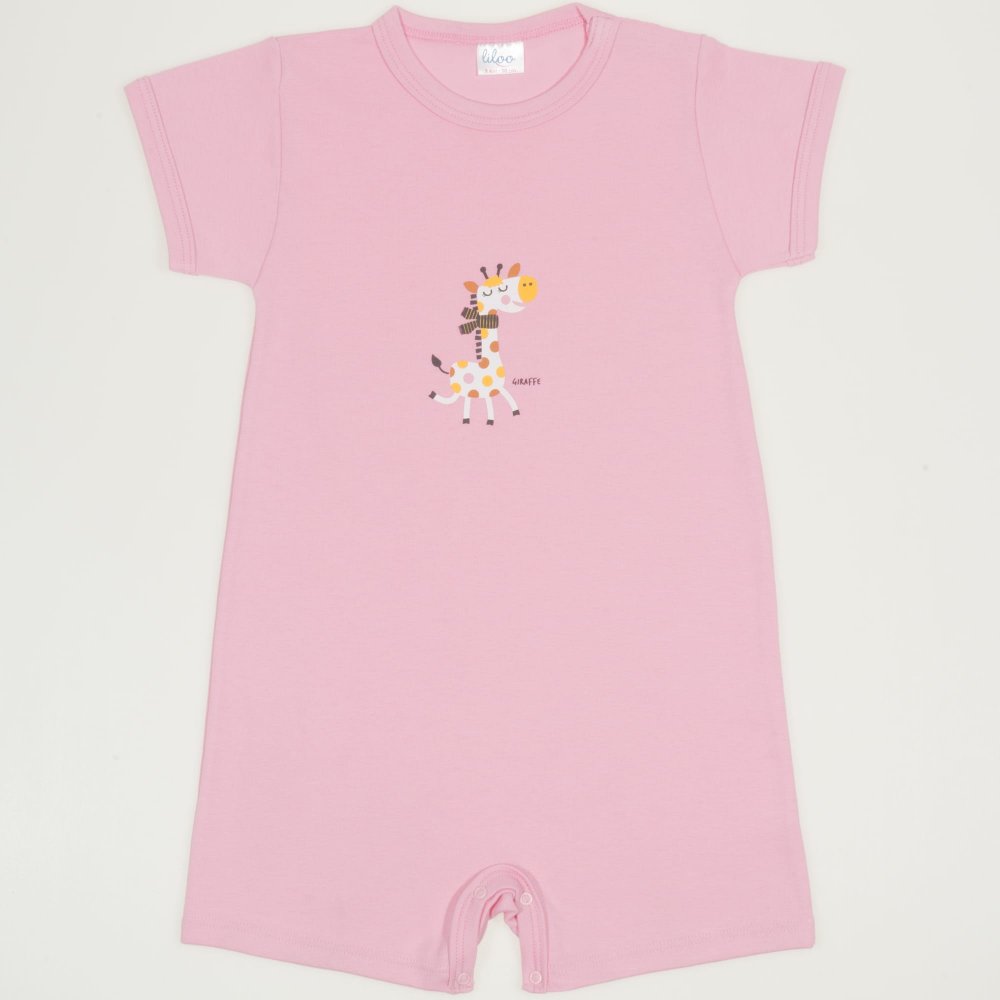 Pink romper (short sleeve & pants) with giraffe print | liloo