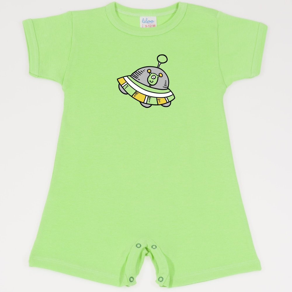 Summer green romper (short sleeve & pants) with alien print | liloo