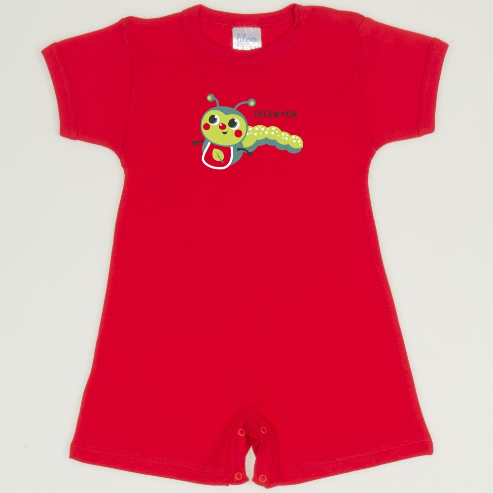 Red tomato romper (short sleeve & pants) with worm print  | liloo