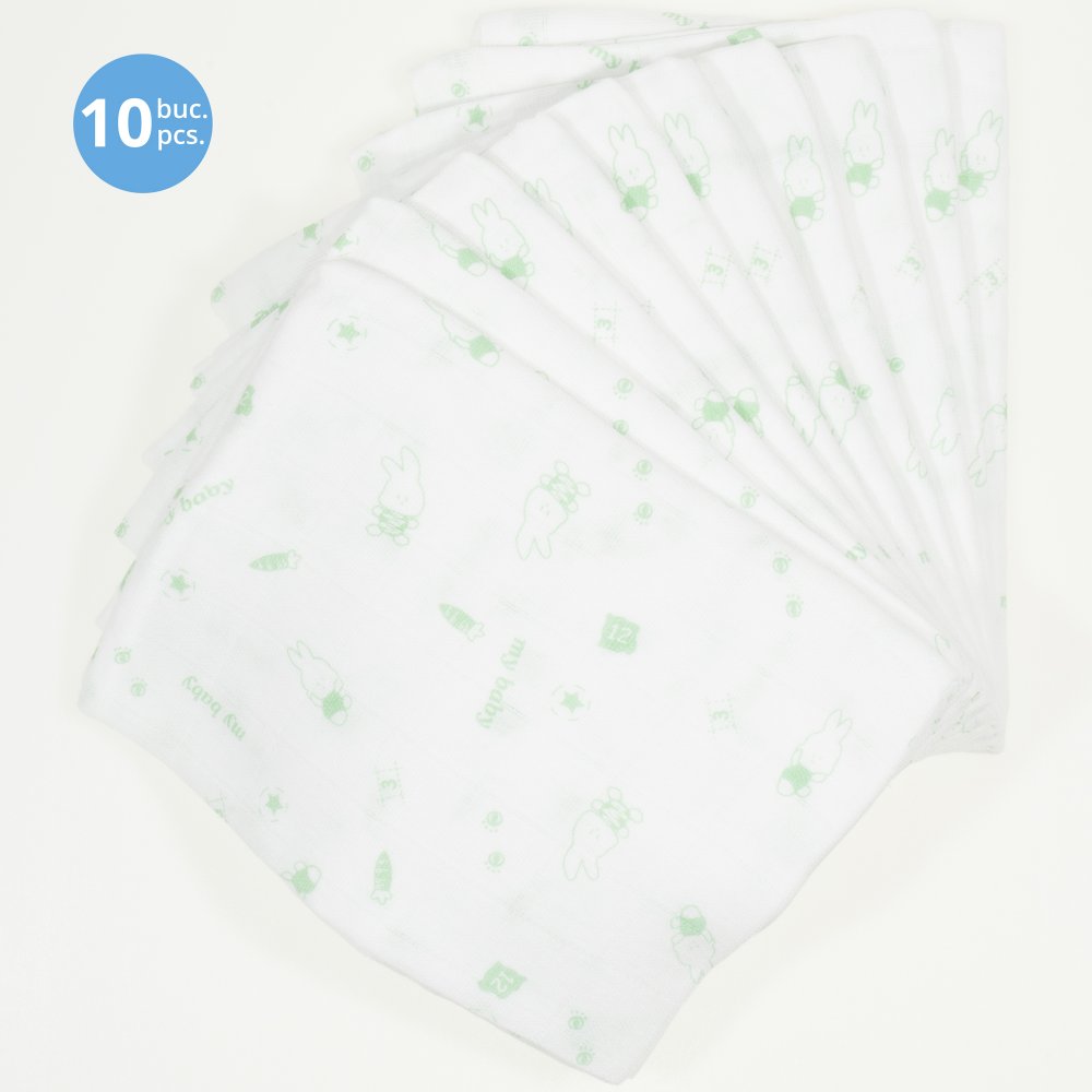 Pachet economic 10 scutece tetra (bumbac) albe cu imprimeu iepuraș verde - lavabile și refolosibile | liloo