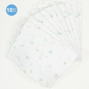 Scutece tetra (bumbac) albe cu imprimeu iepuraș verde - lavabile și refolosibile - set economic 10 bucăți