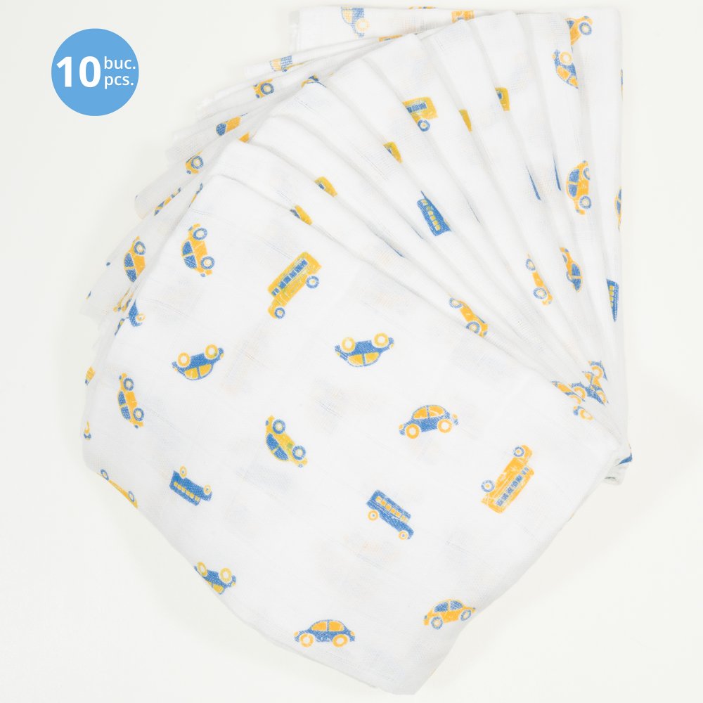 Washable reusable tetra diaper cloth - cars & busses print (10 pieces pack) | liloo