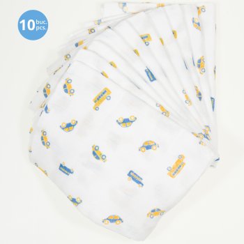 Washable reusable tetra diaper cloth - cars & busses print (10 pieces pack) | liloo