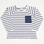 Long sleeve t-shirt with pocket organic cotton white with navy stripes| liloo