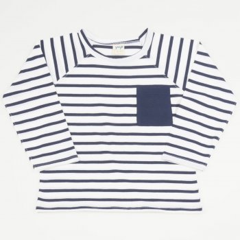 Long sleeve t-shirt with pocket organic cotton white with navy blue stripes