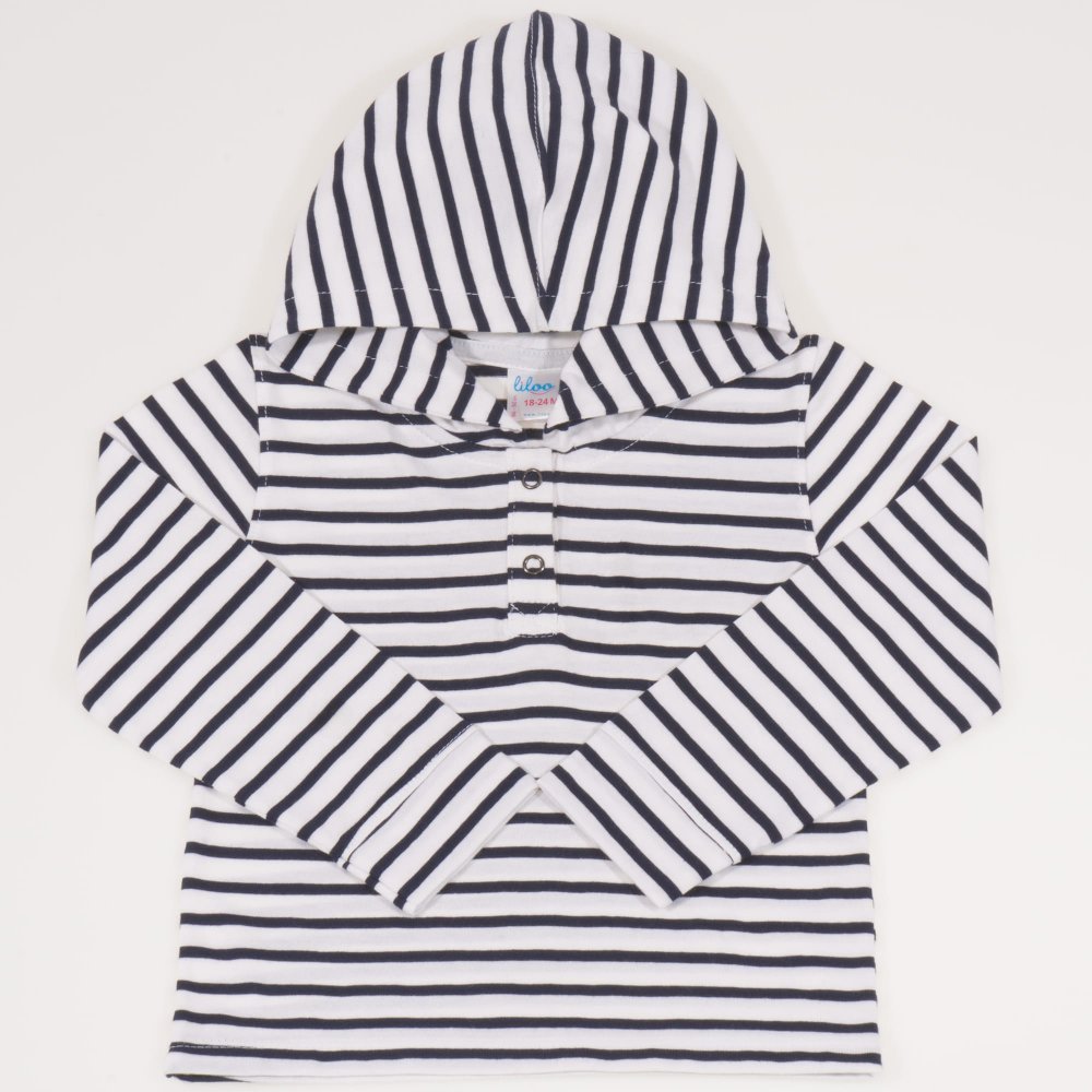 Long-sleeved hooded T-shirt white with black stripes | liloo