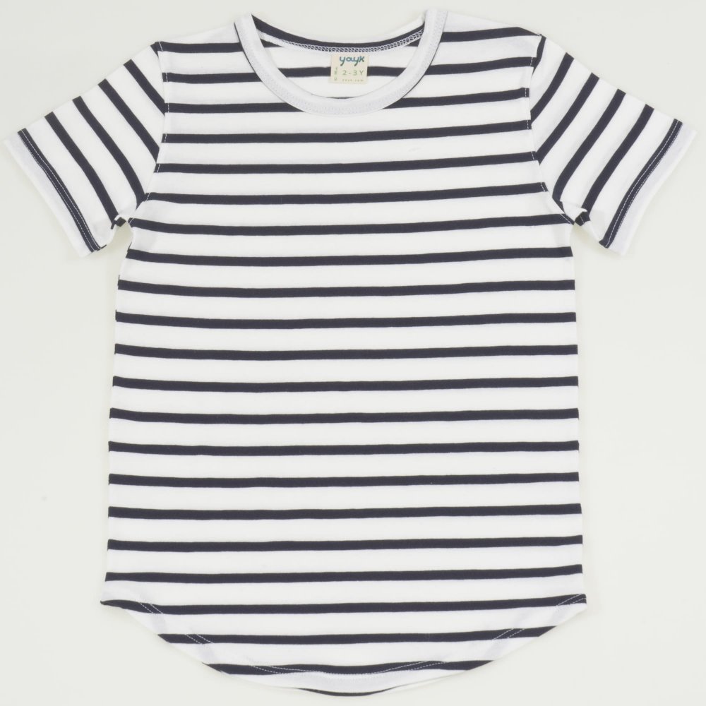 Tricou maneca scurta bumbac organic alb cu dungi bleumarin | liloo