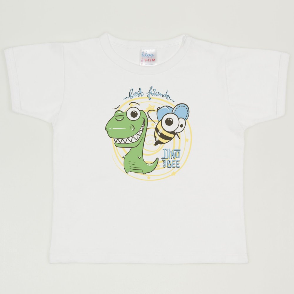 Ecru short-sleeve tee with best friends dino and bee print | liloo