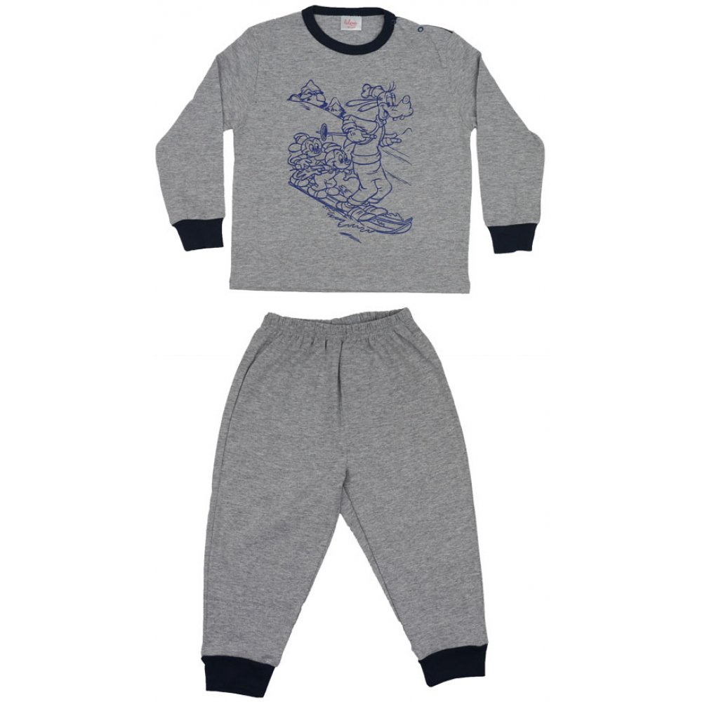 Pijamale primăvară-toamnă gri - manșete bleumarin imprimeu desene animate cățel și șoricei | liloo