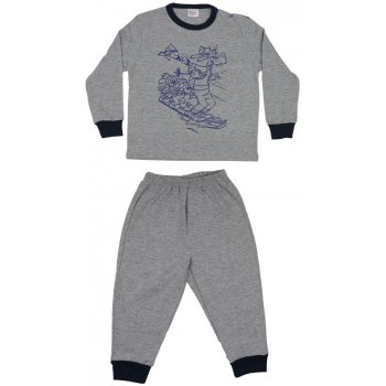 Grey long-sleeve thin pajamas with navy blue trims and  cartoon dog and mice print