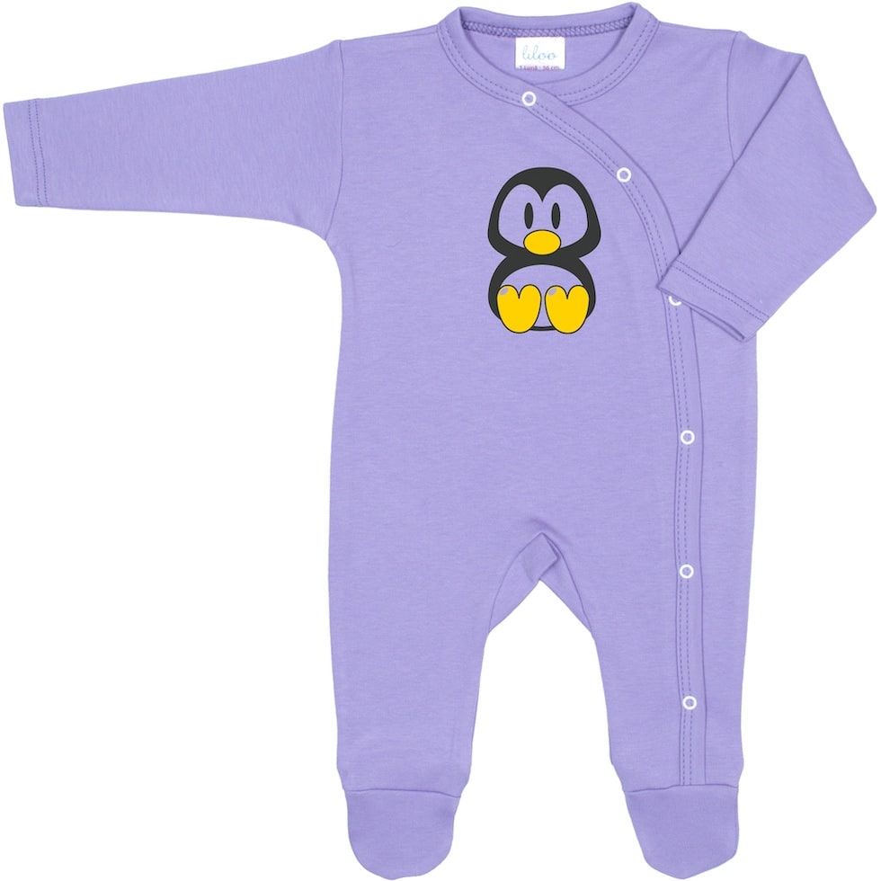 Salopeta maneca lunga si pantaloni cu botosei violet si imprimeu pinguin Tux